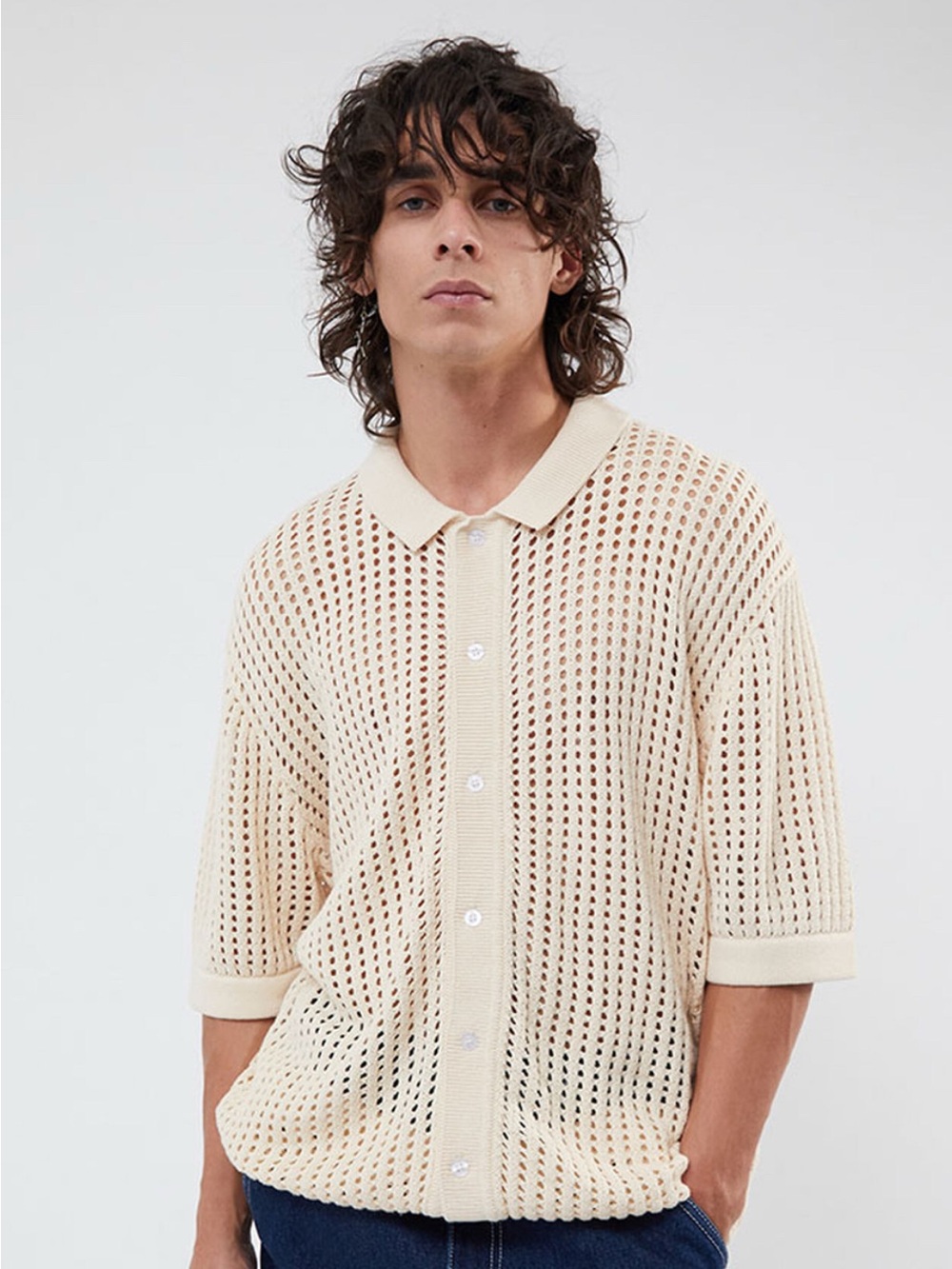 Pacsun White Open Knit BUTTON SHIRT 2.0 Woven Camp short Sleeves Collared Mens M